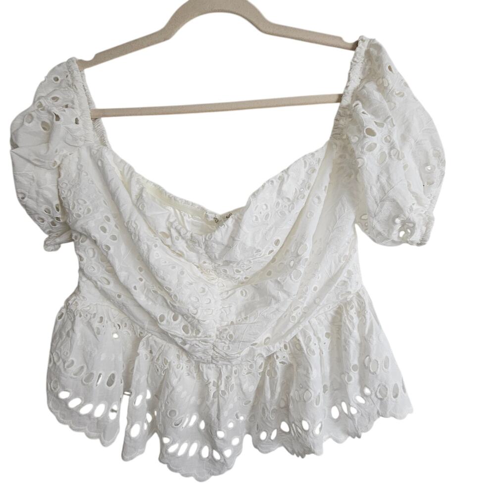 Express Womens Cropped Eyelet Peplum Babydoll Top Size L Peasant Y2K Euro Summer